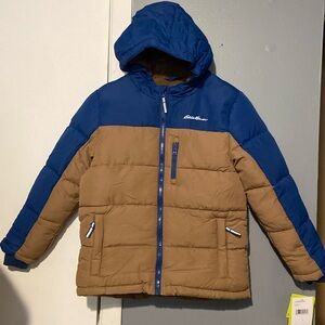 💙 Eddie Bauer Boys Winter Down Hooded Puffer Jacket Fleece Lined Size 7